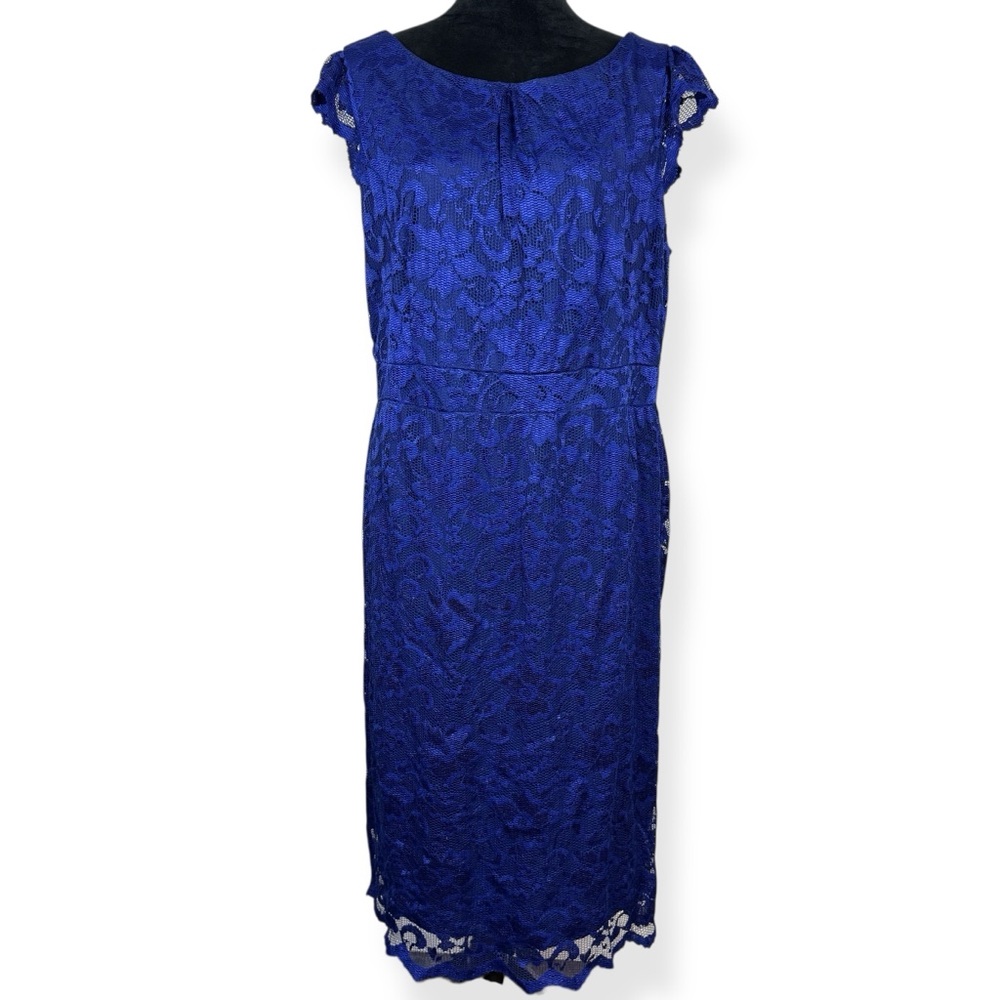 ABS Collection Dress Womens Plus 18W Blue Lace Evening Midi Dress Lined Stretch